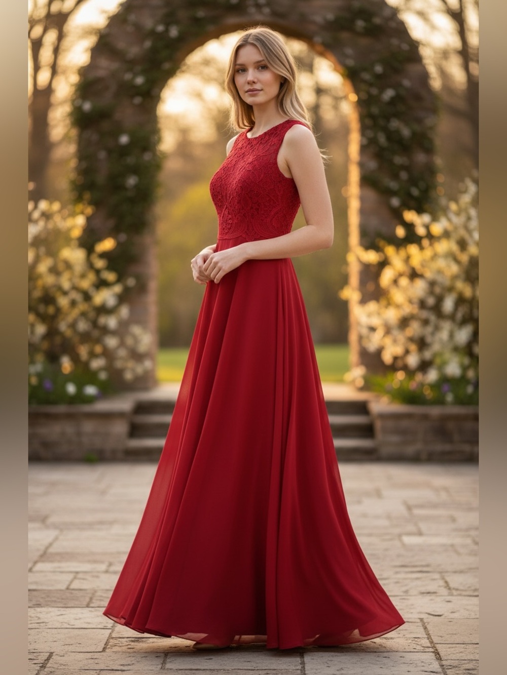 Camille La Vie Prom Dress red maxi fit flare sheer crochet Holiday cocktail sz 2